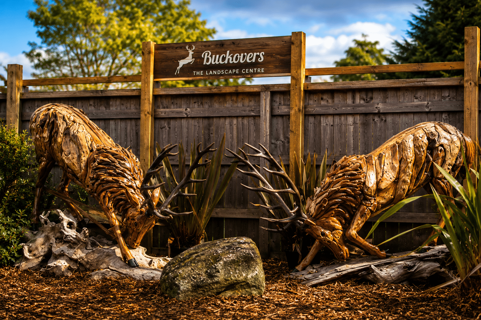 Hand-carved wooden fighting bucks sculpture outside Buckovers Garden Centre and countryside destination near Thornbury, South Gloucestershire.