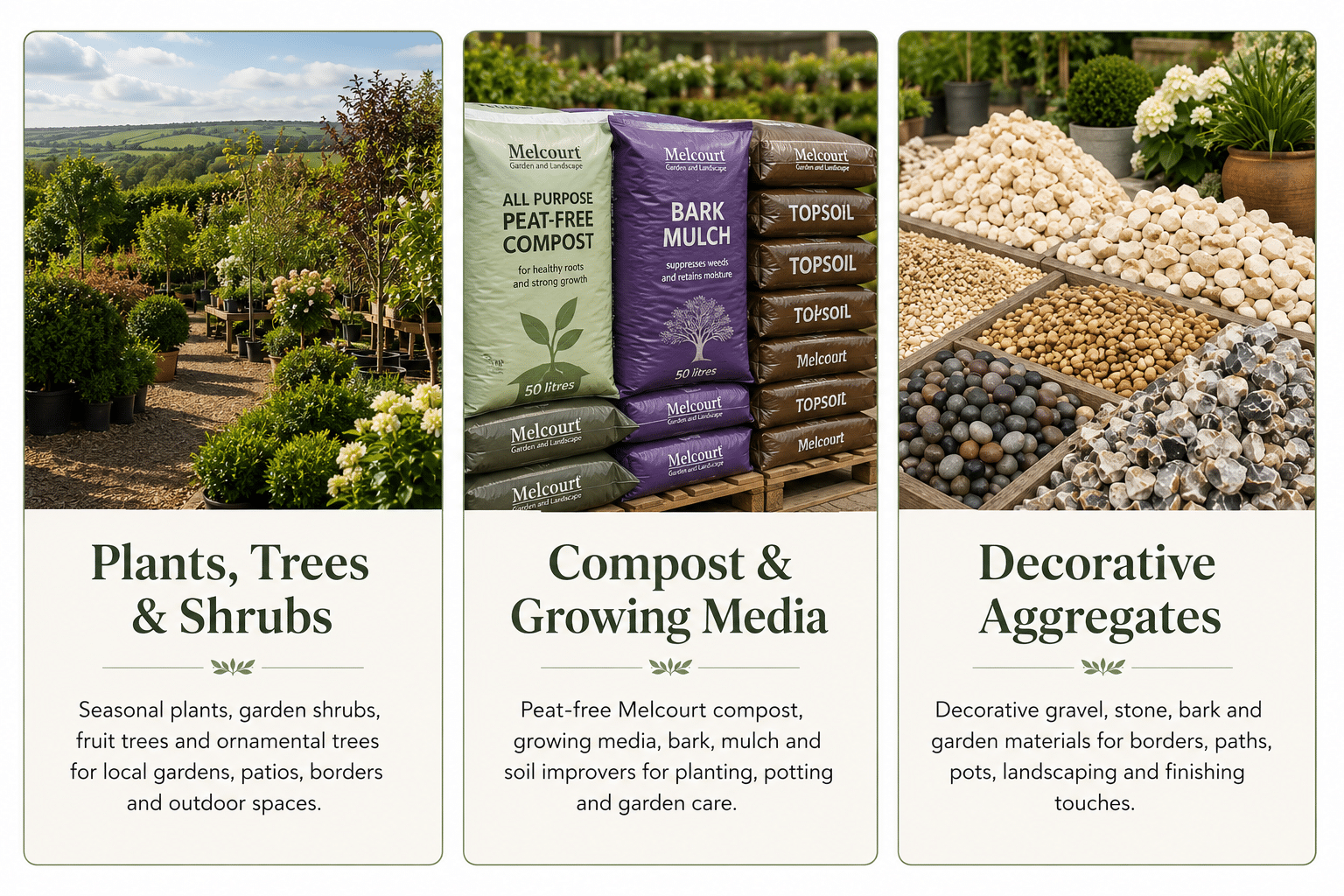 Plants, Melcourt compost and decorative aggregates at Buckovers Garden Centre near Thornbury, South Gloucestershire