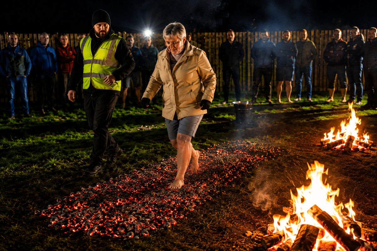 Participant walking barefoot across glowing embers during the GWAAC Firewalk at Buckovers