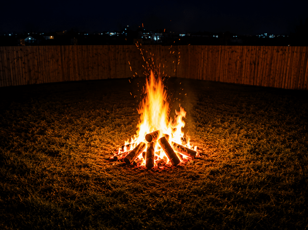 Bonfire burning at the GWAAC Firewalk event at Buckovers near Thornbury